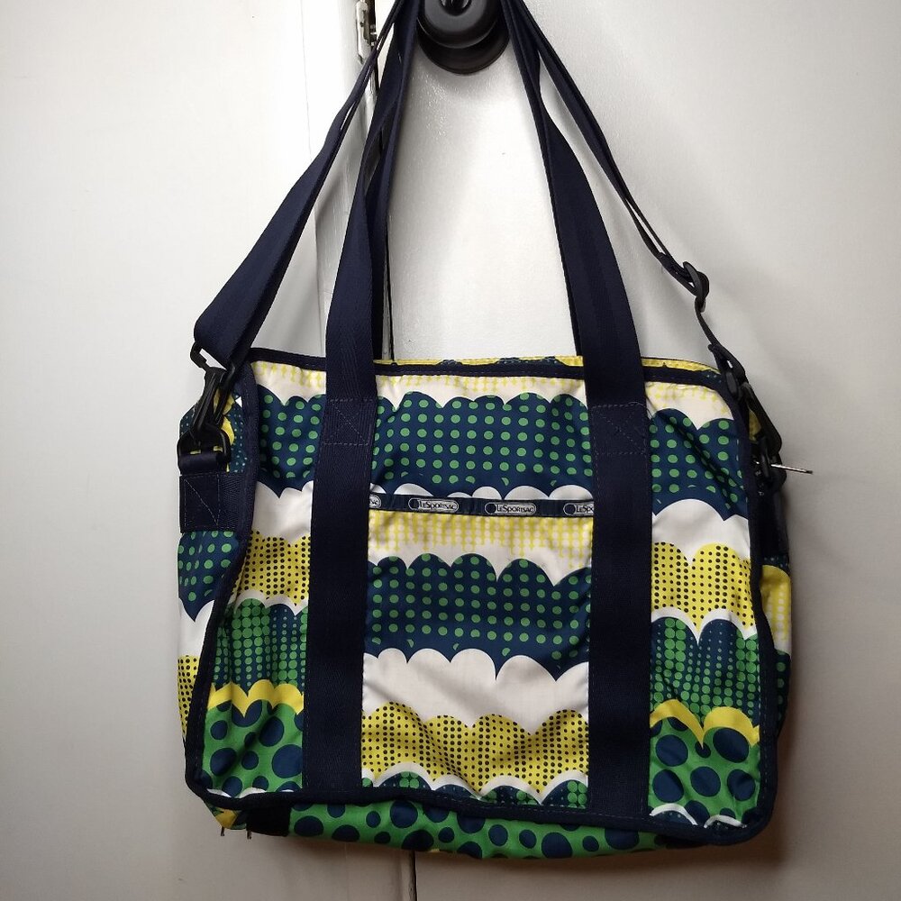 Lesportsac Zippered Laptop Bag Green Yellow Blue White Abstract Pattern School